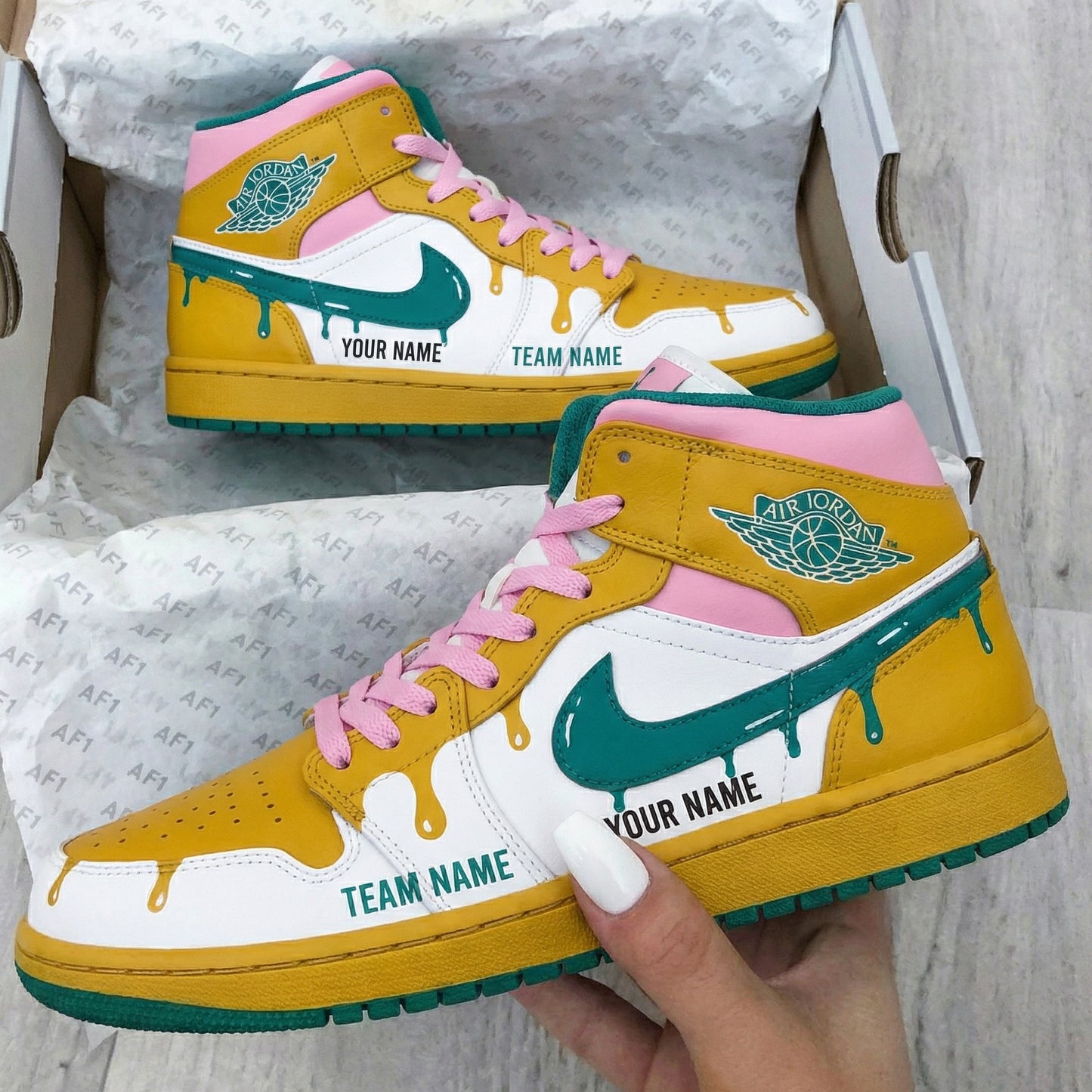 Yellow Pink Green Drip Custom AJ 1s Shoes
