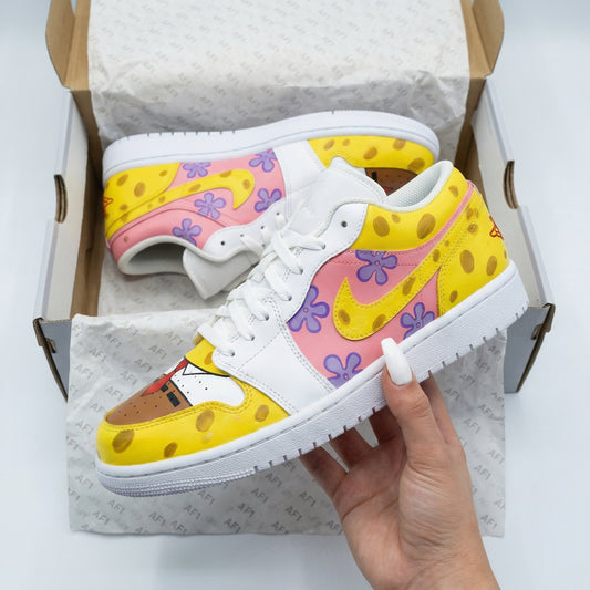 Yellow Pink Purple SpongeBob Purple Flowers Custom AJ 1s Shoes